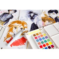 Koi akvarel pocketbox, 24 metallic, flourescerende og pearlescent farver + pensel